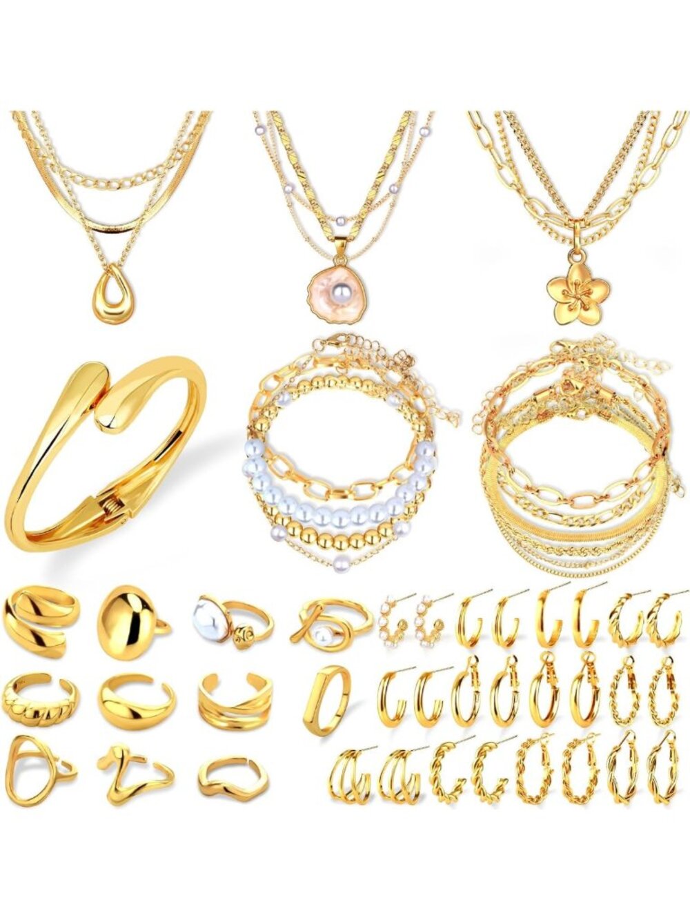 Trendy Gold Jewelry Set for Women - 14k Plated Necklaces, Bracelets, Earrings